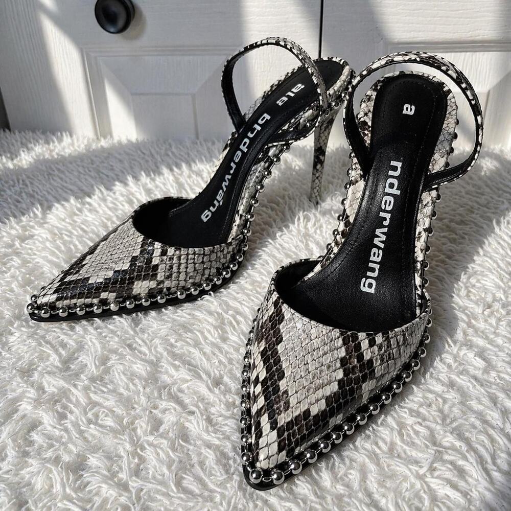 Alexander Wang Snakeskin Studded Pointed Toe Slingback Heels